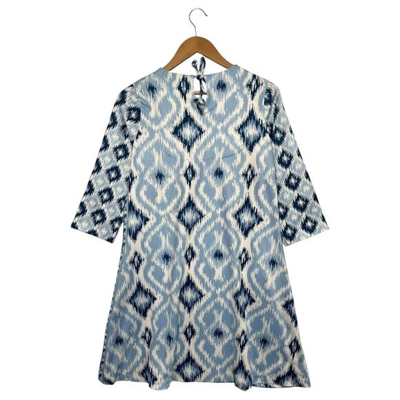 Gretchen Scott Dress Womens Small Blue White Ikat 3/4 Sleeve Shift Pockets - Picture 2 of 15